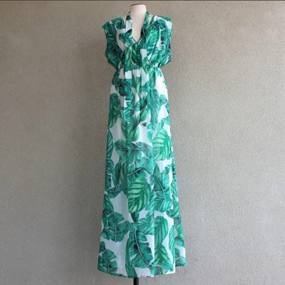 Hawaiin Green White Floral Print Maxi Sleeveless Dress Waist Tie Belt Size XXL
